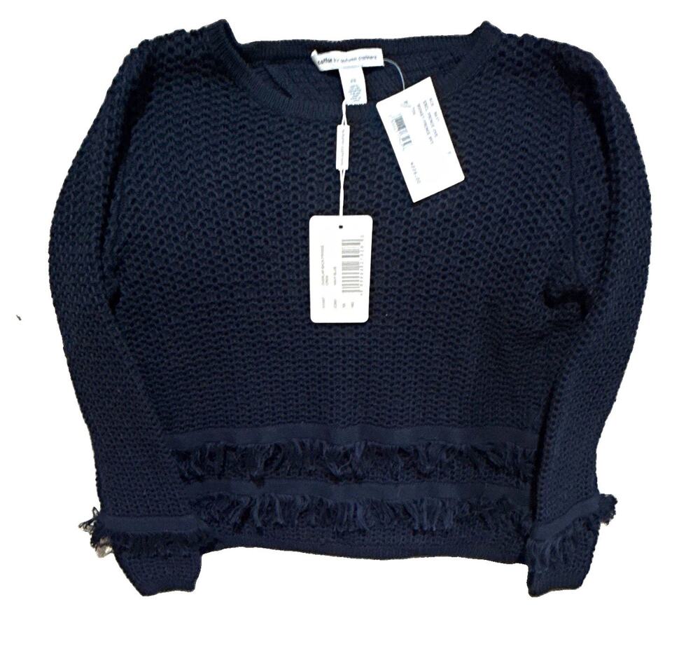 Autumn Cashmere Cotton Navy Knit Crewneck Fringe Hem Pullover Sweater XS